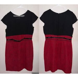 Tahari Arthur S. Levine Black Red Sheath Dress Size 14 Belted Career Dress